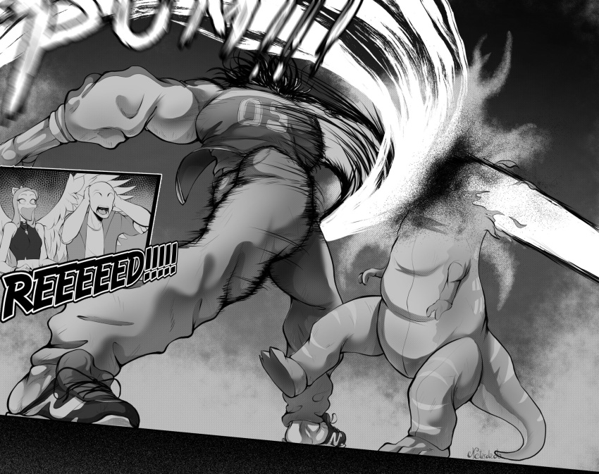 2023 anon_(snoot_game) anthro artist_name baki_the_grappler bald black_and_white bracelet breasts claws clothing comic costume crop_top crossover dialogue dinosaur english_text eyelashes fang_(gvh) feathered_wings feathers female fingers footwear goodbye_volcano_high group hair halter_top hi_res human jacket jewelry king_rex_(snoot_game) long_hair male mammal mascot mascot_costume midriff monochrome muscular muscular_human muscular_male netardado open_mouth pickle_(baki_the_grappler) pterodactylus pterosaur punch reed_(gvh) reptile scalie shirt shoes signature sneakers snoot_game snout spanish_text teeth text tongue topwear translation_check translation_request wings
