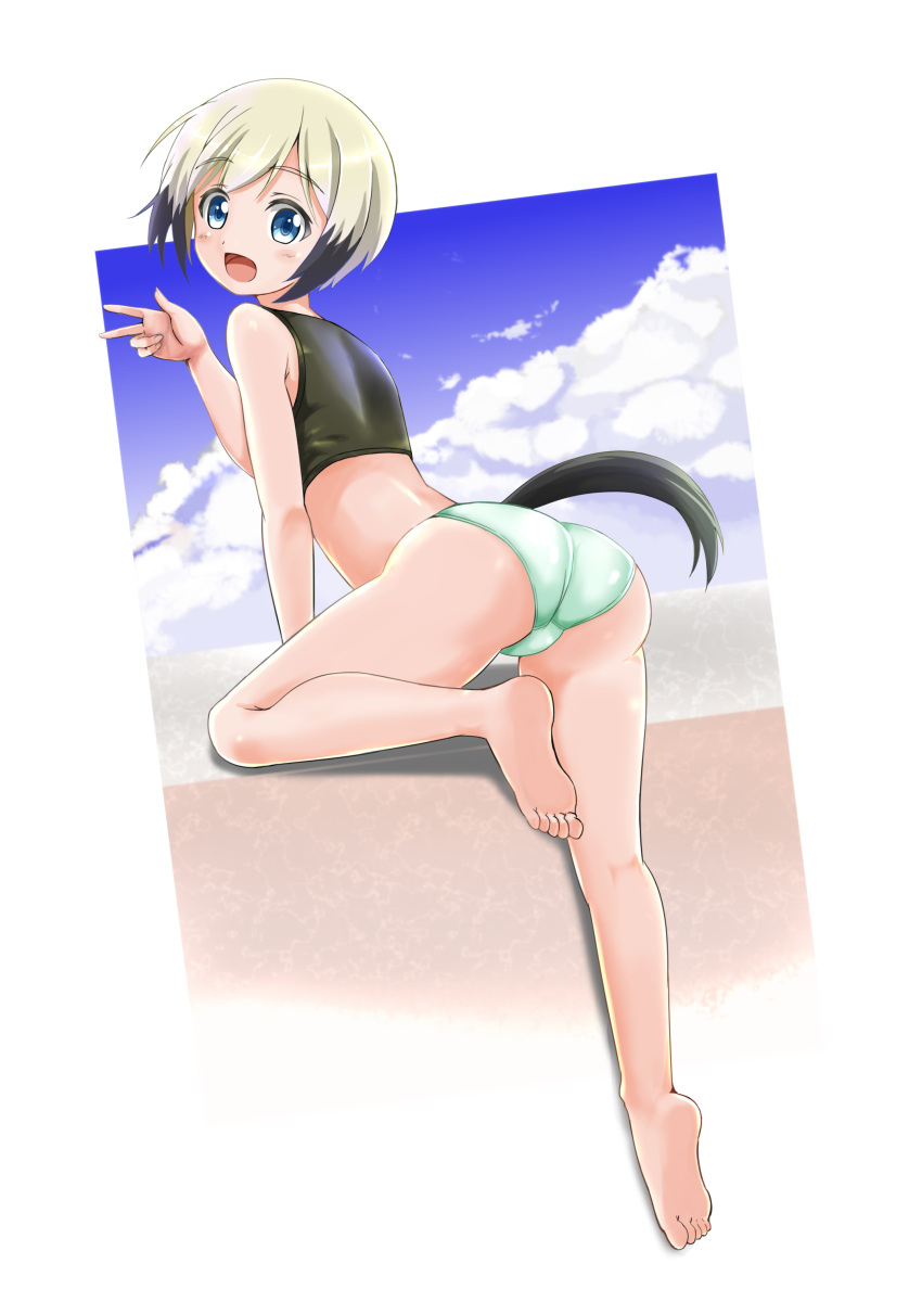 1girl absurdres ass black_shirt blonde_hair blue_eyes blush dog_tail erica_hartmann full_body green_panties highres looking_at_viewer open_mouth outdoors panties red_liquid_(artist) shirt short_hair sky sleeveless smile solo strike_witches tail underwear w world_witches_series