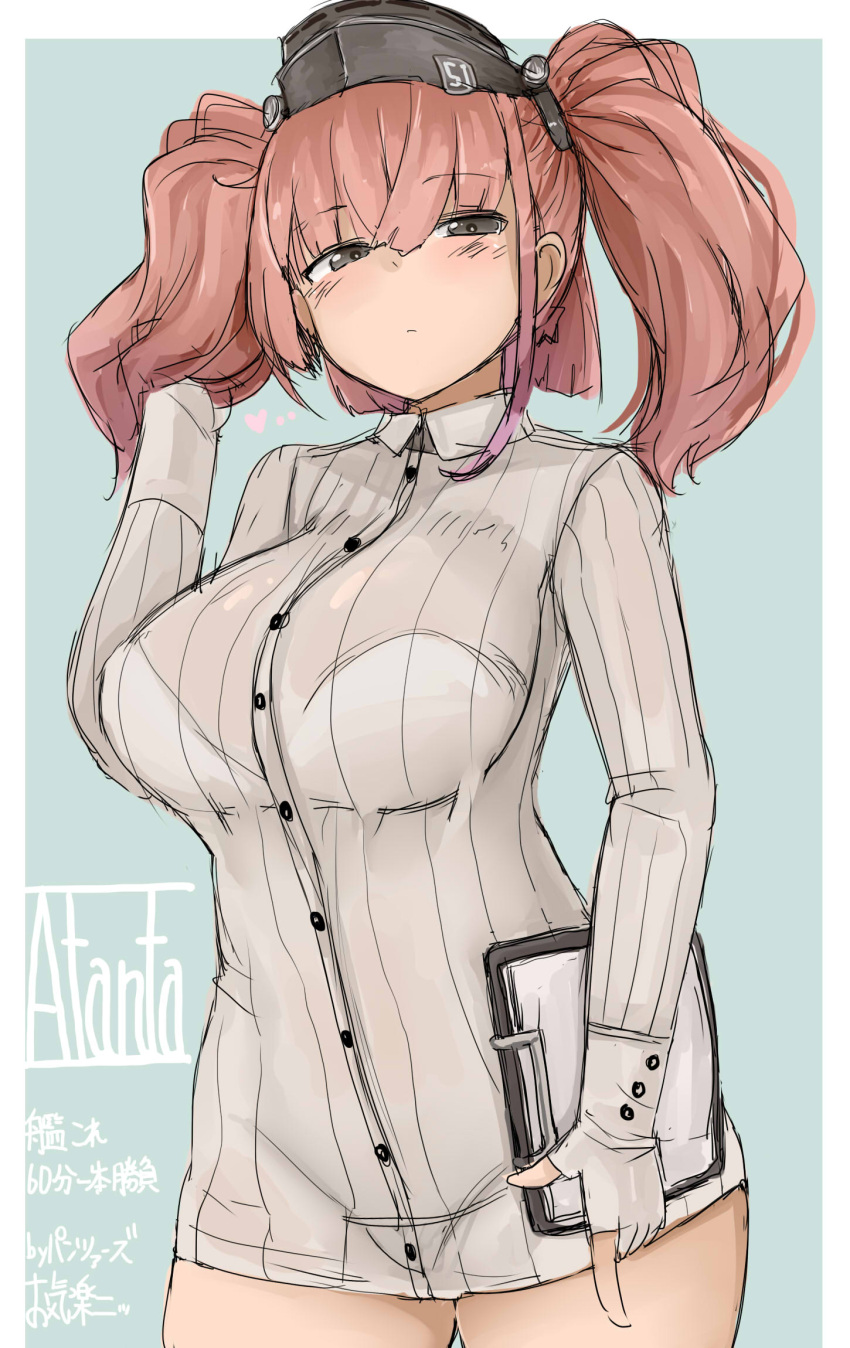 1girl atlanta_(kancolle) black_headwear blush breasts brown_hair buttons closed_mouth collared_shirt cowboy_shot earrings garrison_cap gloves grey_eyes hat highres jewelry kantai_collection large_breasts long_hair long_sleeves looking_at_viewer okiraku_nikku one-hour_drawing_challenge partially_fingerless_gloves shirt single_earring solo star_(symbol) star_earrings two_side_up white_gloves white_shirt