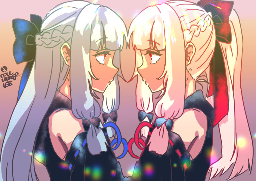 2girls black_bow black_dress black_sleeves blue_bow blue_hair blue_ribbon bow braid closed_mouth commentary_request detached_sleeves dress expressionless eye_contact french_braid from_side hair_bow ikkokudou kotonoha_akane kotonoha_aoi long_hair looking_at_another low_tied_sidelocks matching_outfits multiple_girls multiple_hair_bows pink_hair ponytail profile raised_eyebrows red_bow red_eyes red_ribbon ribbon siblings sidelocks sisters sleeveless sleeveless_dress symmetry twitter_username upper_body voiceroid
