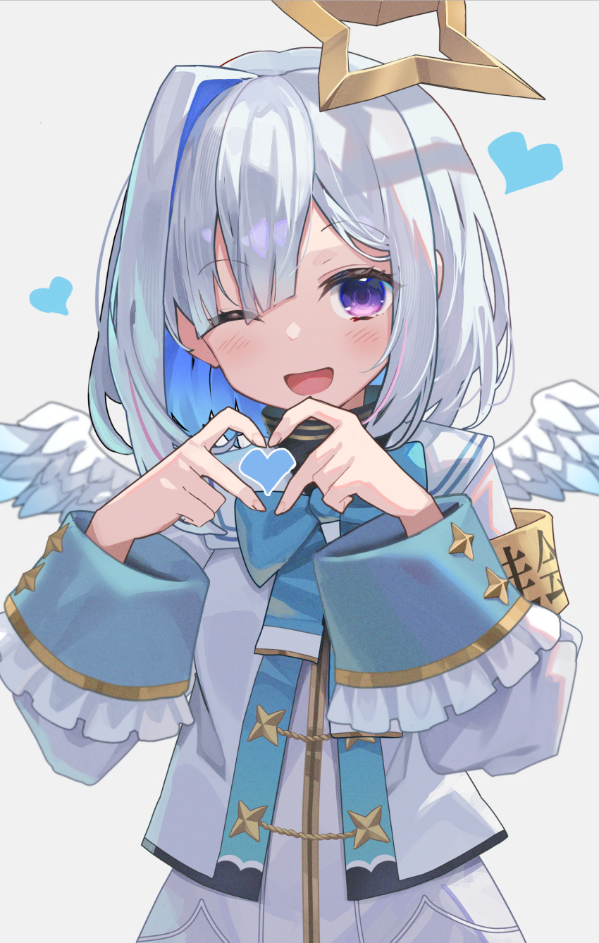 1girl amane_kanata amane_kanata_(1st_costume) angel angel_wings blue_hair blush bow colored_inner_hair commentary_request halo heart heart_hands highres hololive hopepe looking_at_viewer medium_hair multicolored_hair open_mouth purple_eyes single_hair_intake smile solo star_halo upper_body virtual_youtuber white_hair wings