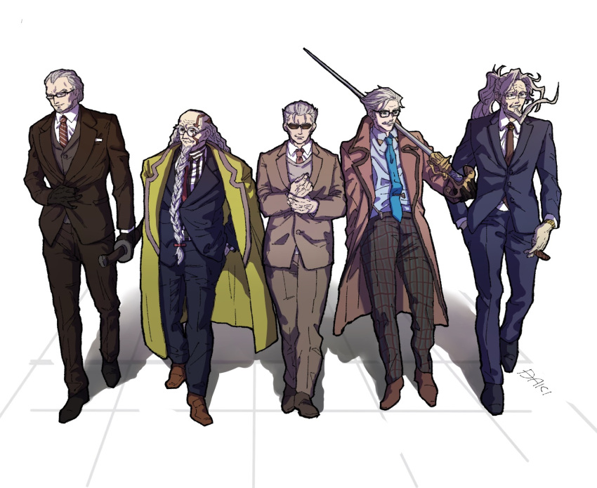 5boys alternate_costume arms_behind_back balding beard black_gloves black_pants black_suit blue_necktie blue_pants blue_suit braid braided_beard brown_coat brown_pants brown_suit cane casual christopher_columbus_(fate) cigar coat coat_on_shoulders facial_hair fate/grand_order fate_(series) formal full_body glasses gloves grey_hair hand_in_pocket highres holding holding_cane holding_cigar holding_sword holding_weapon james_moriarty_(archer)_(fate) li_shuwen_(fate) li_shuwen_(old)_(fate) long_beard long_hair looking_to_the_side male_focus mature_male multiple_boys multiple_braids necktie old old_man pants red_necktie scar scar_on_face shirt short_hair simple_background smile striped striped_necktie striped_shirt suit sunglasses sword syuugou_11 very_long_beard watch weapon white_background white_shirt wrinkled_skin wristwatch yagyuu_munenori_(fate) yellow_coat zhang_jue_(fate)