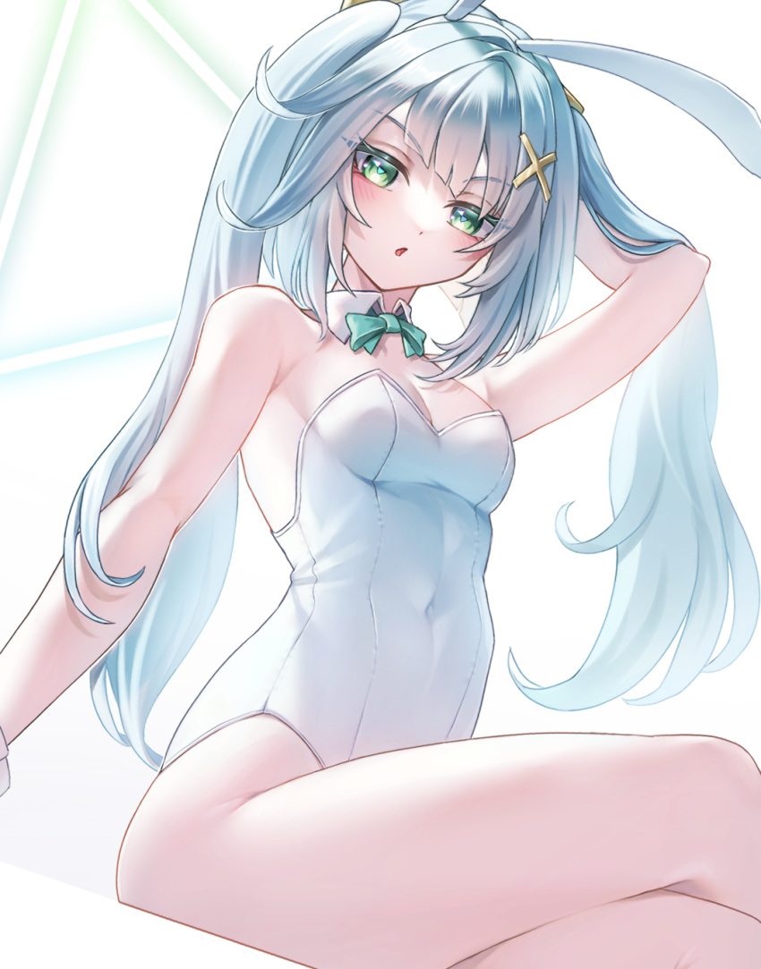 1girl animal_ears aqua_hair arm_up armpit_crease bare_shoulders blunt_bangs blush bow bowtie breasts cleavage covered_navel crossed_legs dazhong_(g.marika) detached_collar fake_animal_ears faruzan_(genshin_impact) feet_out_of_frame genshin_impact green_eyes hair_ornament highleg highleg_leotard highres leotard medium_breasts open_mouth playboy_bunny rabbit_ears sidelocks simple_background sitting solo strapless strapless_leotard symbol-shaped_pupils triangle-shaped_pupils twintails white_background white_leotard wrist_cuffs x_hair_ornament