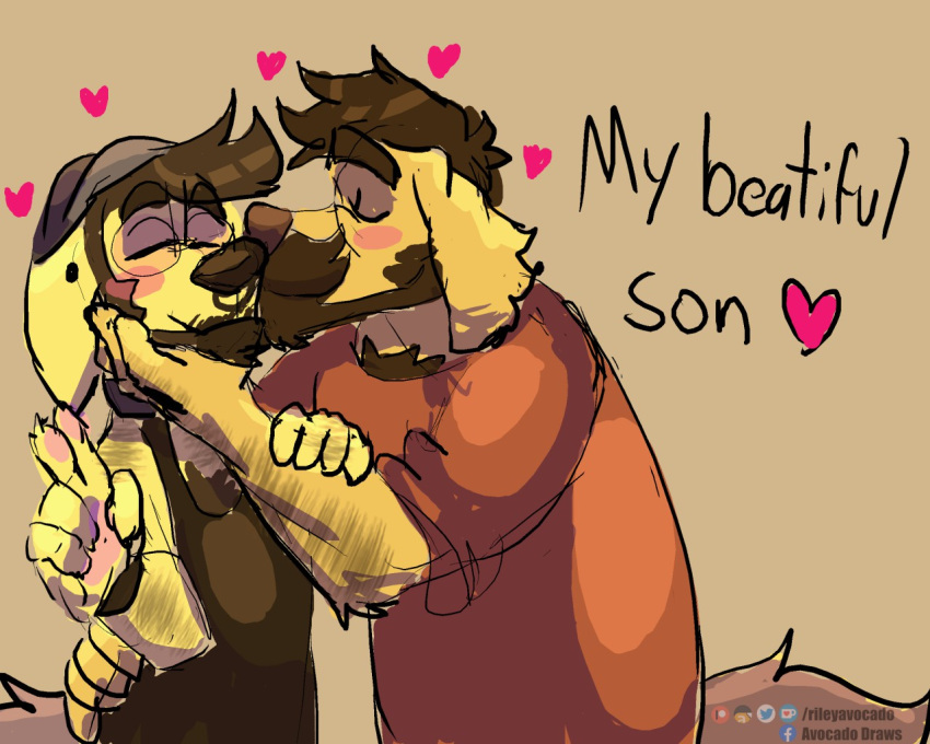 &lt;3 2020 age_difference anthro anthro_on_anthro beard bird_dog brown_background brown_hair canid canine canis clothed clothing collar digital_media_(artwork) domestic_dog duo english_text eyebrows eyes_closed eyewear facial_hair father father_and_child father_and_son feralio_(rileyavocado) fully_clothed fur glasses golden_retriever hair hunting_dog incest_(lore) intraspecies kissing male male/male mammal mustache noel_(rileyavocado) parent parent_and_child retriever rileyavocado shirt simple_background son talking_to_another talking_to_partner text topwear yellow_body yellow_fur