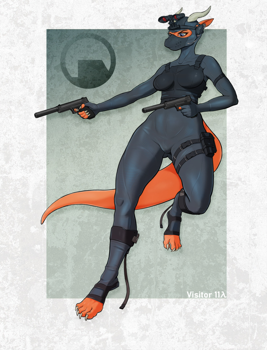 absurd_res anthro black_mesa breasts claws female glock_17 gun half-life handgun hi_res kobold logo orange_body pistol ranged_weapon scalie solo tail visitor_112 weapon