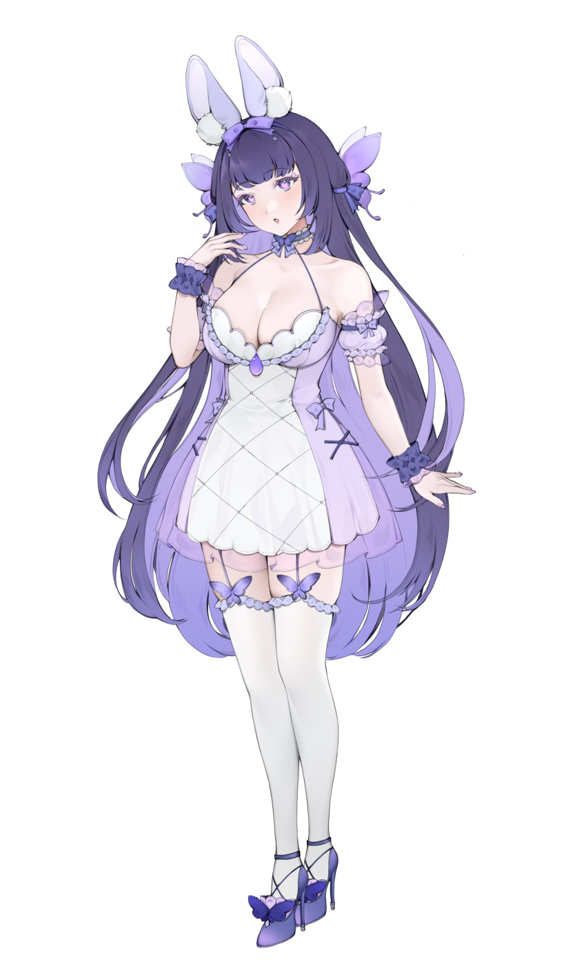 1girl absurdres animal_ears breasts bug butterfly butterfly_hair_ornament cleavage dress full_body hair_ornament high_heels highres honkai_(series) honkai_impact_3rd long_hair looking_at_viewer multicolored_clothes multicolored_dress off-shoulder_dress off_shoulder parted_lips purple_butterfly purple_dress purple_eyes purple_footwear purple_garter_straps purple_hair rabbit_ears raiden_mei solo thighhighs tuffi-chan white_background white_dress