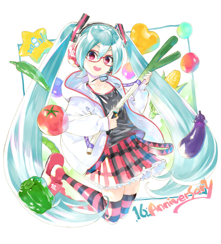 1girl anniversary apple aqua_hair bell_pepper black_shirt black_skirt black_thighhighs character_name chili_pepper collarbone commentary corn cutting dated eggplant food frilled_skirt frills fruit glasses green_pepper hair_ornament hatsune_miku headphones headset heart highres holding holding_food holding_spring_onion holding_tool holding_vegetable hood hooded_jacket improvised_instrument jacket jewelry jumping kei_(keigarou) legs_up long_hair looking_at_viewer midair miniskirt natural_(module) necklace open_mouth plaid plaid_skirt pleated_skirt project_diva_(series) red-framed_eyewear red_eyes red_footwear red_skirt red_thighhighs shirt skirt smile solo spring_onion star_(symbol) striped striped_thighhighs teeth thighhighs tomato twintails unconventional_guitar upper_teeth_only vegetable very_long_hair vocaloid white_background white_jacket