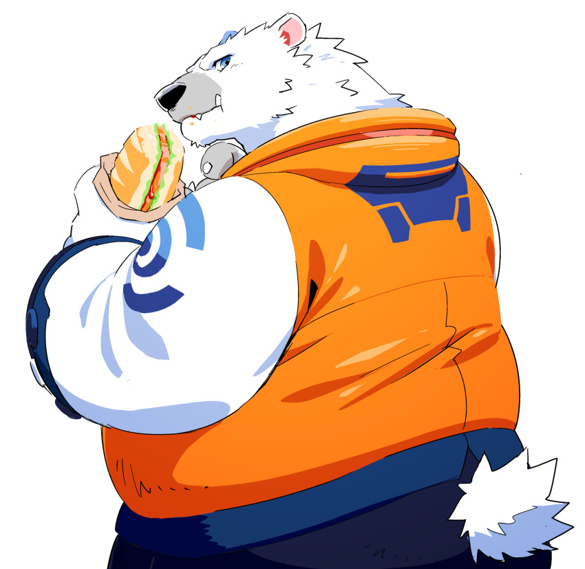 2023 anthro bear belly biped black_nose blue_eyes bottomwear clothing eating food fur gokrakstyle hi_res kemono mammal overweight pants polar_bear simple_background solo ursine white_background white_body white_fur