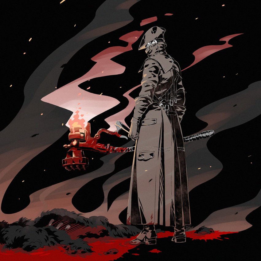 1boy arizuka_(catacombe) black_hair blood bloodborne brown_coat brown_gloves brown_headwear coat fire flame from_behind full_body gloves hammer hat highres holding holding_hammer hunter_(bloodborne) male_focus mask mouth_mask short_hair solo standing tricorne