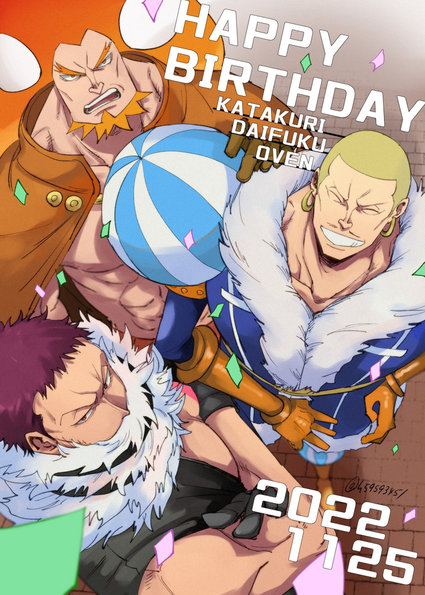 3boys abs bara bare_pectorals beard black_gloves blonde_hair brothers buzz_cut cape character_name charlotte_daifuku charlotte_katakuri charlotte_oven chest_tattoo confetti covered_mouth crossed_arms earrings english_text facial_hair forked_eyebrows fur_collar gloves h59593451 hand_on_own_hip happy_birthday highres hot impossible_hair jewelry looking_at_viewer looking_to_the_side male_focus mature_male multiple_boys muscular muscular_male one_piece open_clothes open_mouth open_vest orange_eyes orange_hair pants pectorals pencil_mustache perspective pink_eyes pink_hair scar scar_on_face scarf short_hair shoulder_pads siblings stitches tattoo thick_eyebrows triplets upper_body very_short_hair vest