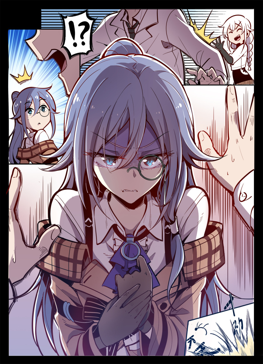 1boy 2girls alternate_costume alternate_eyewear alternate_hairstyle ascot blue_eyes blue_hair braid braided_ponytail brown_gloves brown_jacket brown_sleeves captain_(honkai_impact) defeat detective fei_luo_mao fu_hua fu_hua_(hawk_of_the_fog) fu_hua_(valkyrie_accipiter) gloves grey_hair hair_between_eyes high_ponytail highres honkai_(series) honkai_impact_3rd jacket kabedon kiana_kaslana long_hair monocle multiple_girls off_shoulder official_alternate_costume ponytail punching purple_ascot pushing