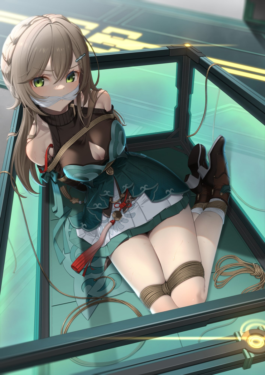 1girl ankle_boots arms_behind_back bdsm black_sleeves bondage boots bound bound_ankles bound_arms bound_legs breasts cleave_gag cloth_gag clothing_cutout dress gag gagged green_dress green_eyes hair_ornament hairclip highres honkai:_star_rail honkai_(series) improvised_gag layered_clothes layered_skirt light_brown_hair looking_at_viewer meda miniskirt qingque_(honkai:_star_rail) restrained rope shibari shibari_over_clothes shoulder_cutout sitting skirt solo sweater turtleneck turtleneck_sweater twintails white_skirt