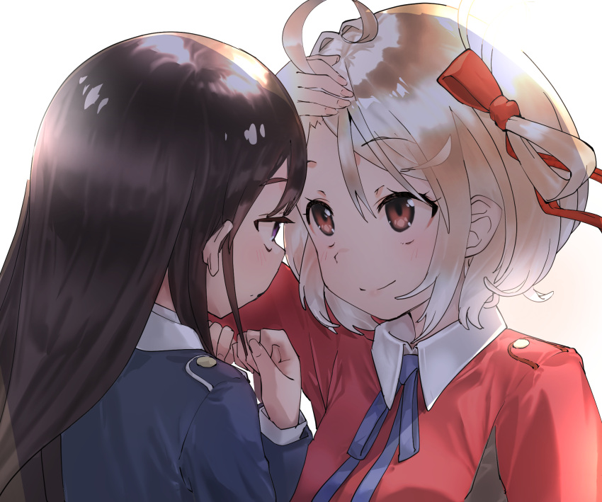 2girls black_hair blonde_hair blue_dress blue_ribbon closed_mouth collared_dress commentary_request dress eye_contact hair_lift hair_ribbon hands_up highres hoshi_umi inoue_takina lifted_by_self long_hair long_sleeves looking_at_another lycoris_recoil lycoris_uniform multiple_girls neck_ribbon nishikigi_chisato purple_eyes red_dress red_eyes red_ribbon ribbon school_uniform short_hair simple_background smile white_background
