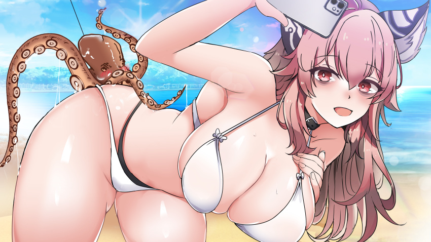 1girl :d absurdres animal animal_ears arm_up bags_under_eyes beach bent_over bikini black_collar blush breasts cat_ears cellphone chinese_commentary collar commentary_request day fingernails girls'_frontline girls'_frontline_neural_cloud hair_between_eyes highres holding holding_phone large_breasts lens_flare long_hair looking_at_viewer lsheng octopus open_mouth outdoors persicaria_(girls'_frontline_nc) phone pink_eyes pink_hair sand selfie slime_(substance) smartphone smile solo swimsuit tentacles water white_bikini wide_hips