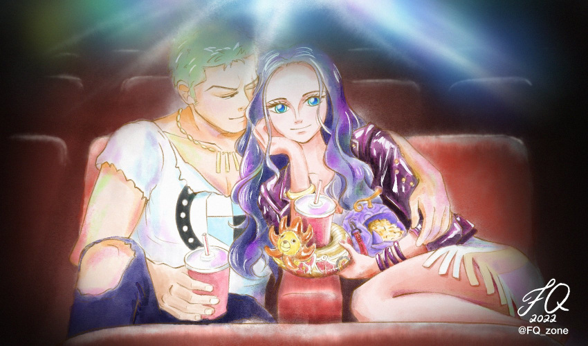 1boy 1girl artist_name black_hair blue_eyes bracelet closed_mouth food fq_zone green_hair hand_on_own_chin highres hug jewelry long_hair movie_projector movie_theater necklace nico_robin one_eye_closed one_piece one_piece_film:_red popcorn roronoa_zoro scar scar_across_eye shirt short_hair signature smile thousand_sunny