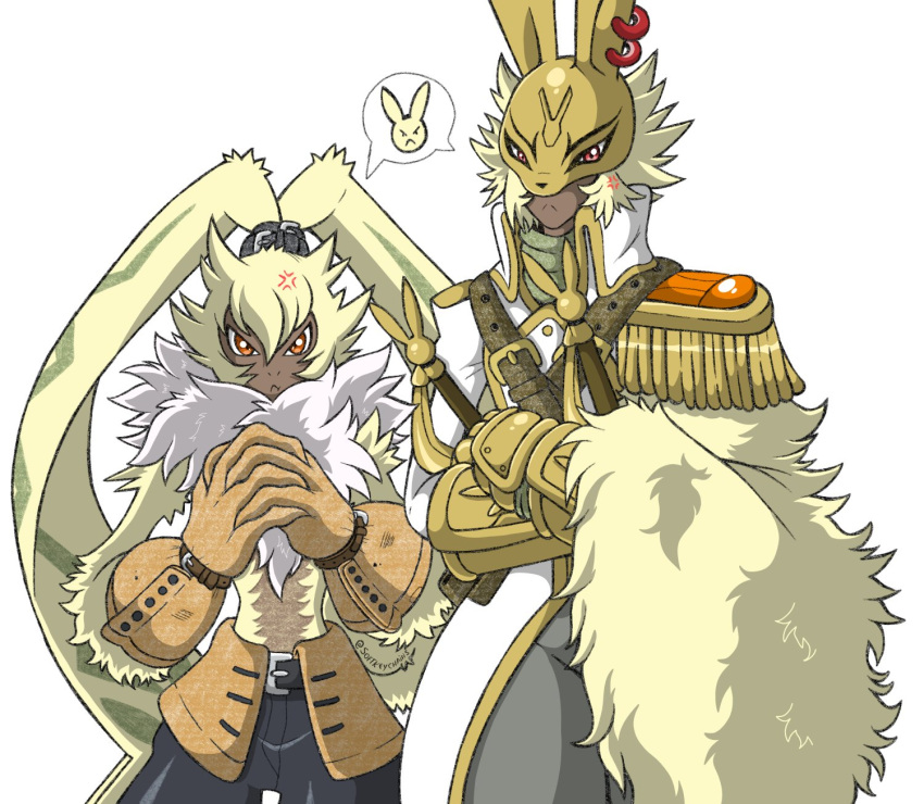 anthro armor bandai_namco blonde_hair cape clothing diarbbitmon digimon digimon_ghost_game duo ear_piercing ear_ring fluffy_chest fur gloves hair handwear headgear helmet hi_res humanoid knight lagomorph leporid long_ears male mammal piercing ponytail_ears portugueselynx rabbit ring_piercing shirtless symbareangoramon warrior yellow_body yellow_fur