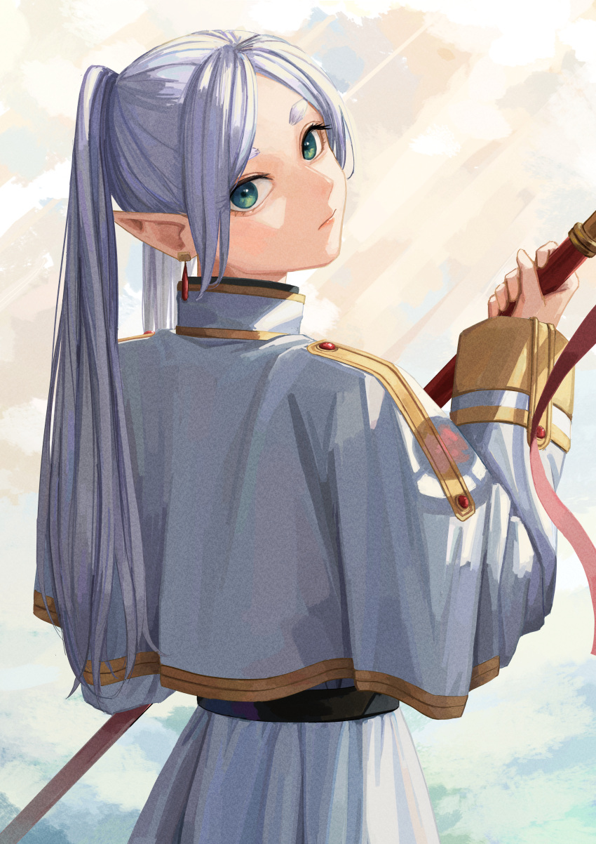1girl absurdres capelet dangle_earrings earrings elf frieren from_behind green_eyes grey_hair highres holding holding_staff jewelry long_hair looking_at_viewer looking_back mage_staff nemo_ringo pointy_ears skirt solo sousou_no_frieren staff white_capelet white_skirt