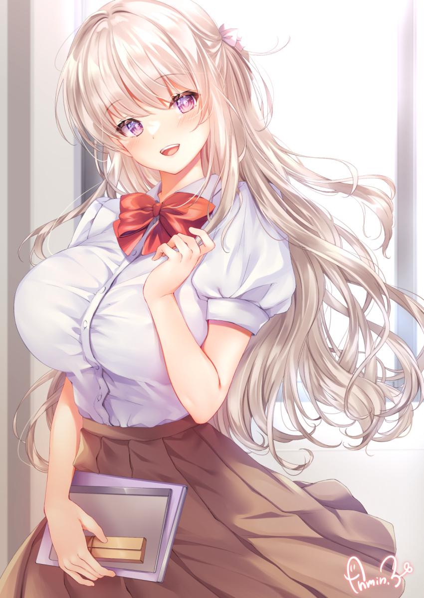 1girl blush book bow bowtie breasts brown_skirt commentary_request drop.b grey_hair hallway highres holding holding_book impossible_clothes large_breasts long_hair looking_at_viewer open_mouth original pink_bow pleated_skirt red_bow red_bowtie school school_uniform shirt sidelocks signature skirt smile solo swept_bangs uniform white_shirt window