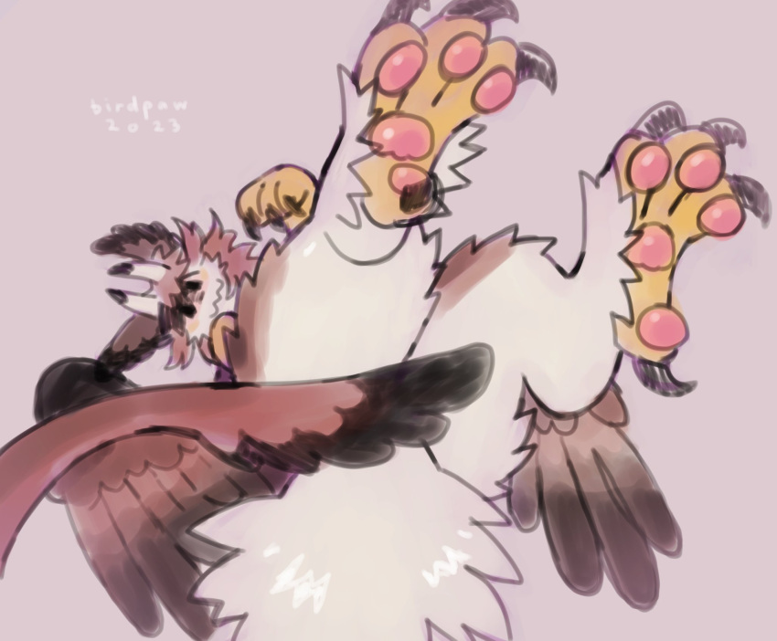 4_toes ambiguous_gender artist_name birdpaw_(artist) brown_body brown_ears brown_feathers digital_media_(artwork) digital_painting_(artwork) dragon feathered_dragon feathers feet feral fluffy fur furred_dragon fursona_(birdpaw) hi_res horn leg_tuft looking_at_viewer lying multicolored_horn on_back pawpads pink_background pink_pawpads red_body red_feathers simple_background solo talons tan_body tan_feathers tan_fur toes tuft two_tone_horn wavy_mouth yellow_talons