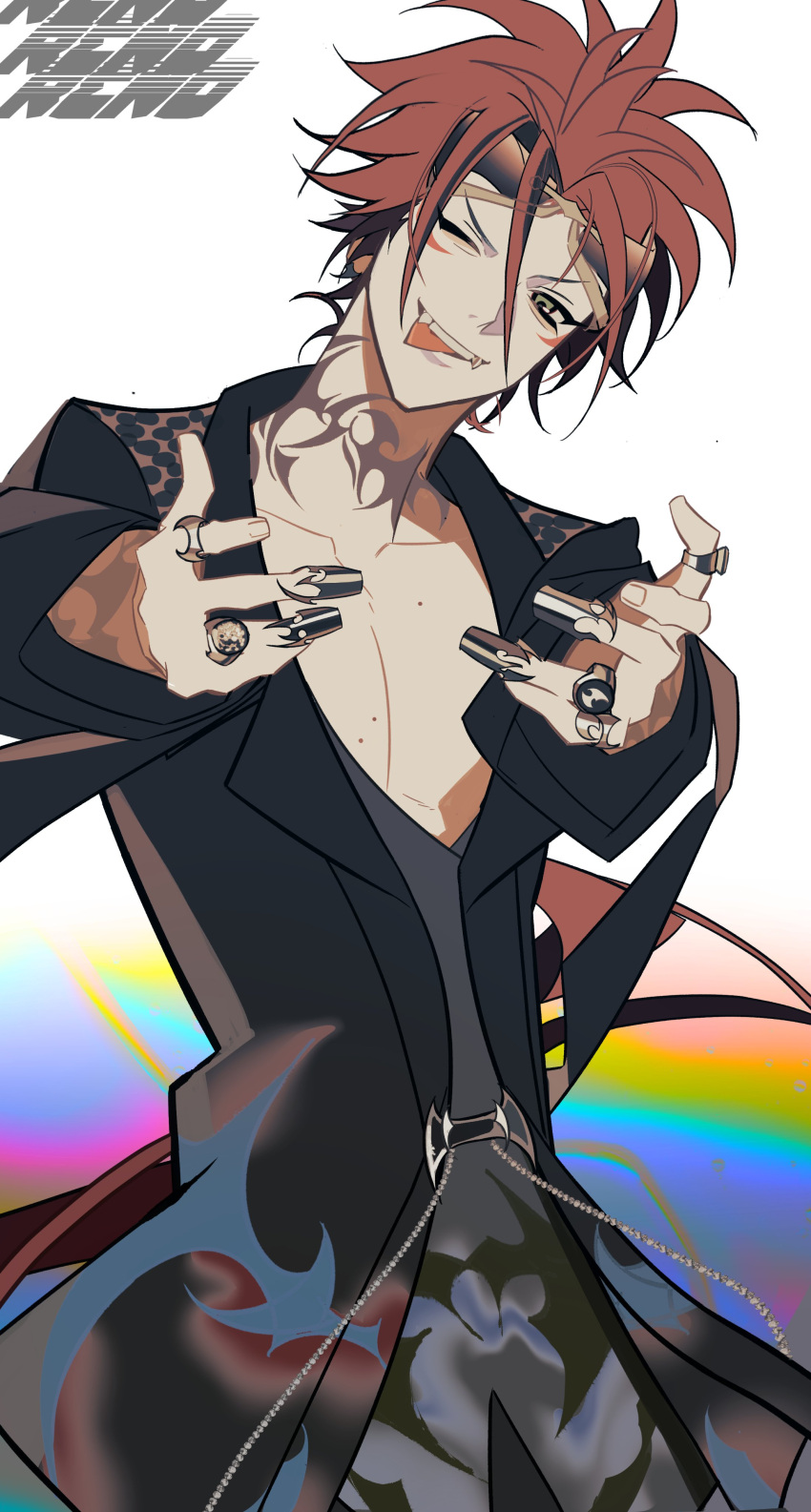 absurdres black_jacket body_freckles chain collarbone eyewear eyewear_on_head facial_mark fangs final_fantasy final_fantasy_vii freckles glasses green_eyes highres jacket jewelry lihonghua314 long_hair messy_hair multiple_rings neck_tattoo one_eye_closed open_clothes open_jacket ponytail rainbow_background rainbow_gradient red_hair reno_(ff7) ring sunglasses tattoo thimble tongue tongue_out tribal_tattoo