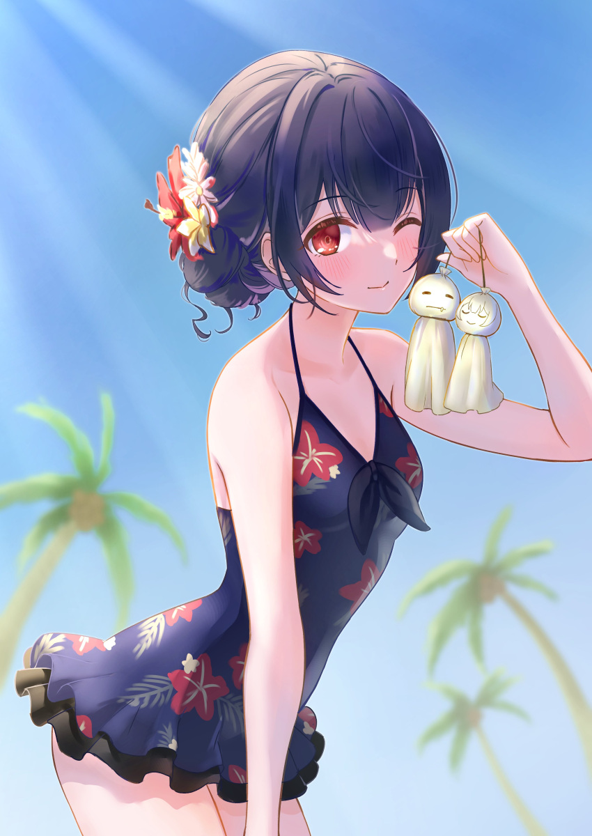 1girl absurdres black_hair blue_sky blush bow breasts closed_mouth collarbone day dot_nose floral_print flower hair_between_eyes hair_flower hair_ornament highres hoshina_hoshimi idolmaster idolmaster_shiny_colors looking_at_viewer morino_rinze one-piece_swimsuit one_eye_closed palm_tree red_eyes short_hair sky small_breasts smile solo sunlight swimsuit teruterubouzu tree