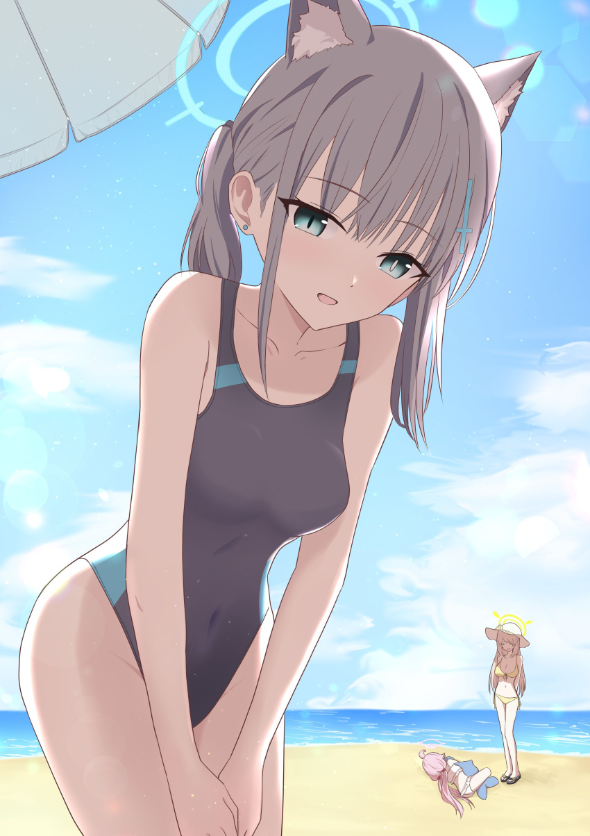 3girls absurdres animal_ear_fluff animal_ears beach beach_umbrella black_one-piece_swimsuit blue_archive blue_eyes blue_sky breasts cloud commentary competition_swimsuit covered_navel cross_hair_ornament day extra_ears grey_hair hair_ornament halo hifumi_(blue_archive) hifumi_(swimsuit)_(blue_archive) highres horizon inflatable_dolphin inflatable_toy kimuni_i leaning_forward low_ponytail medium_breasts medium_hair mismatched_pupils multicolored_clothes multicolored_swimsuit multiple_girls nonomi_(blue_archive) nonomi_(swimsuit)_(blue_archive) ocean official_alternate_costume one-piece_swimsuit outdoors shiroko_(blue_archive) shiroko_(swimsuit)_(blue_archive) sky swimsuit umbrella wolf_ears
