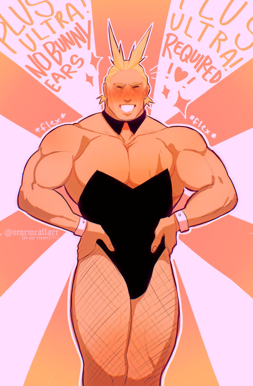 1boy absurdres all_might antenna_hair bara black_leotard blonde_hair boku_no_hero_academia bulge crossdressing detached_collar fishnet_pantyhose fishnets hair_slicked_back hands_on_own_hips happy_aura heart highres large_pectorals leotard male_focus male_playboy_bunny mature_male muscular muscular_male pantyhose pectoral_cleavage pectorals short_hair smile solo sparkle stormcallart thick_eyebrows thick_thighs thighs wrist_cuffs