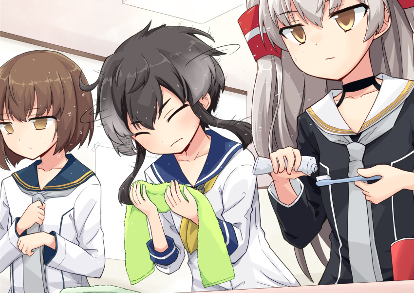 3girls amatsukaze_(kancolle) amatsukaze_kai_ni_(kancolle) black_dress black_hair brown_eyes brown_hair dress gradient_hair grey_hair grey_neckerchief hair_tubes kakizaki_(chou_neji) kantai_collection long_hair multicolored_hair multiple_girls neckerchief sailor_dress short_hair short_hair_with_long_locks sidelocks tokitsukaze_(kancolle) toothbrush toothpaste towel two_side_up upper_body yukikaze_(kancolle) yukikaze_kai_ni_(kancolle)