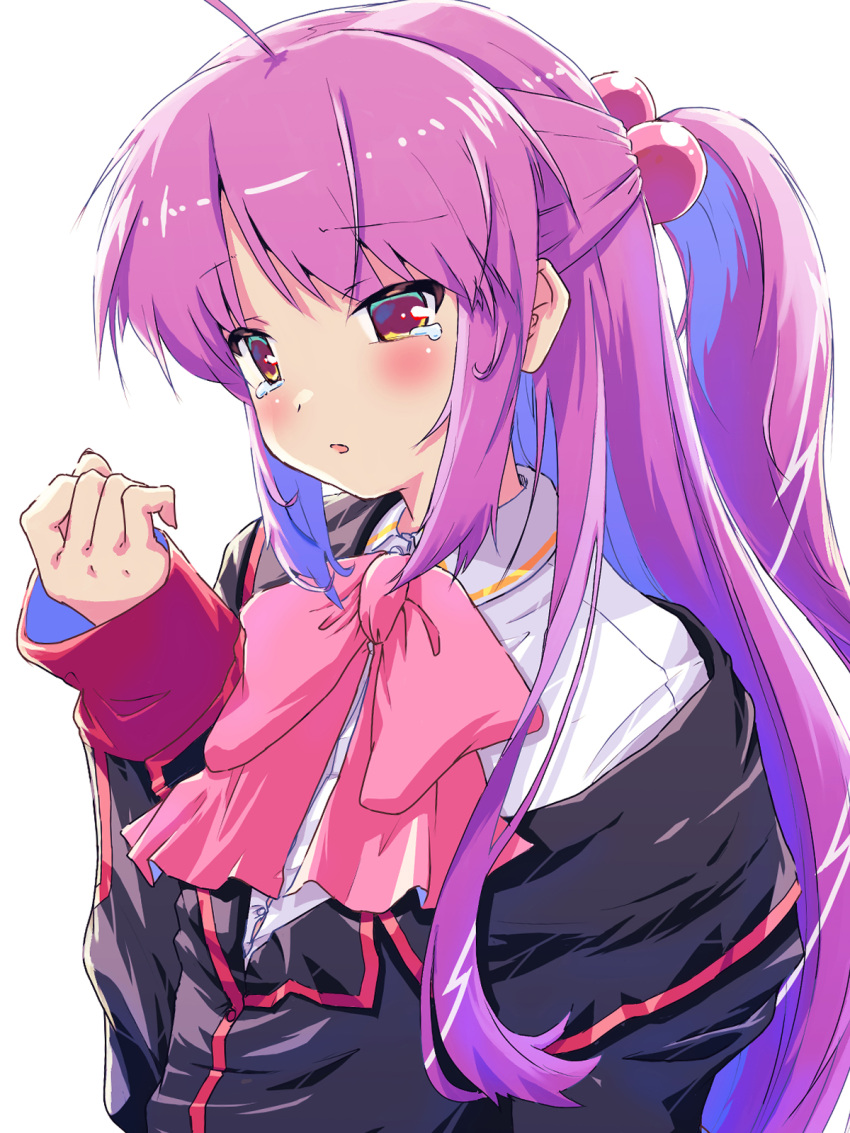 1girl ahoge akayama_yukihe black_jacket blush bow commentary crying crying_with_eyes_open dress_shirt eyes_visible_through_hair futaki_kanata hair_between_eyes hair_bobbles hair_ornament half_updo hand_up highres jacket little_busters! long_hair long_sleeves looking_at_hand off_shoulder open_mouth pink_bow purple_hair sad school_uniform shirt short_ponytail sidelocks simple_background solo tears upper_body very_long_hair white_background white_shirt yellow_eyes
