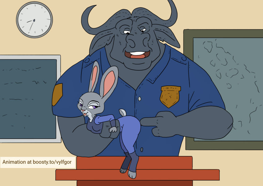 anthro anthro_on_anthro bedroom_eyes big_ears blue_body blue_fur bovid bovine breasts butt cape_buffalo chief_bogo clothed clothing digital_media_(artwork) disney duo embrace female fluffy fluffy_tail fur grey_body grey_fur half-closed_eyes hi_res hug imminent_sex interspecies judy_hopps lagomorph larger_male leporid looking_back male male/female mammal narrowed_eyes police police_officer police_uniform rabbit seductive size_difference small_breasts smaller_female tail uniform vylfgor white_body white_fur zootopia