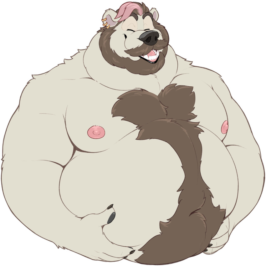 2023 anthro barley_(barleytheburr) bear beard body_hair brown_hair chest_tuft claws ear_piercing ear_ring eyes_closed facial_hair finger_claws fur hair hand_on_stomach happy happy_trail hi_res highlights_(coloring) male mammal moobs mustache navel nipples open_mouth overweight overweight_anthro overweight_male pawpads piercing pink_highlights polar_bear ring_piercing smile solo soul_nero tuft ursine white_body white_fur