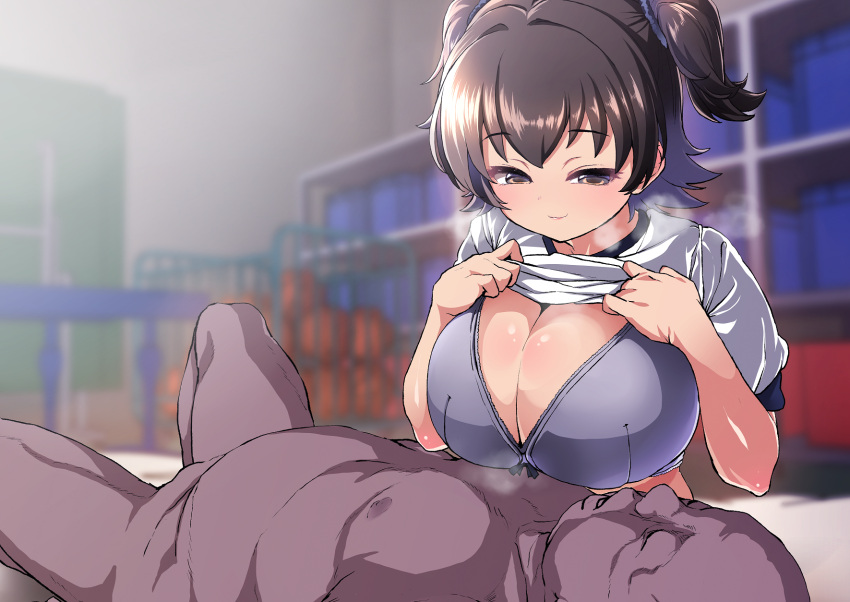 1boy 1girl aged_up akagi_miria alternate_breast_size bald bra breasts brown_eyes brown_hair cleavage closed_mouth clothed_female_nude_male clothes_lift commentary_request dark-skinned_male dark_skin fat fat_man gym_storeroom gym_uniform hair_ornament hair_scrunchie hetero highres huge_breasts idolmaster idolmaster_cinderella_girls lying naughty_face nude on_back scrunchie shift_(waage) shirt shirt_lift smile steam twintails ugly_man underwear white_shirt