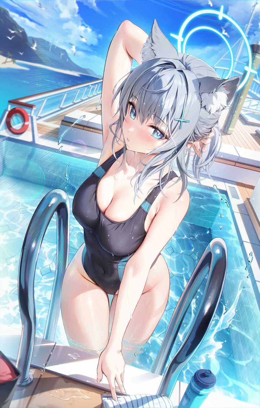 1girl absurdres animal_ear_fluff animal_ears arm_behind_head arm_up bird blue_archive blue_eyes blue_sky bottle breasts cleavage cloud commentary covered_navel cross_hair_ornament day grey_hair groin hair_ornament halo highres houkisei looking_at_viewer medium_breasts mismatched_pupils one-piece_swimsuit outdoors parted_lips pool pool_ladder seagull shiroko_(blue_archive) shiroko_(swimsuit)_(blue_archive) sky solo swimsuit thigh_gap towel water water_bottle wet wolf_ears