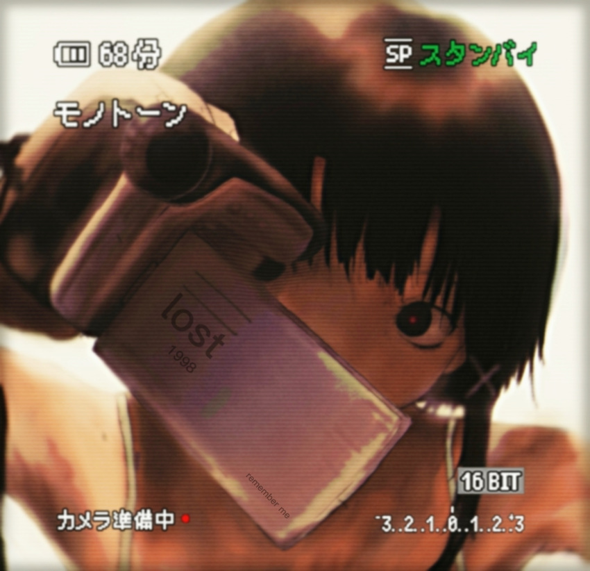 1girl camcorder camera hair_ornament highres holding holding_camera iwakura_lain one_eye_covered portrait ranm12s serial_experiments_lain short_hair single_sidelock solo video_camera x_hair_ornament