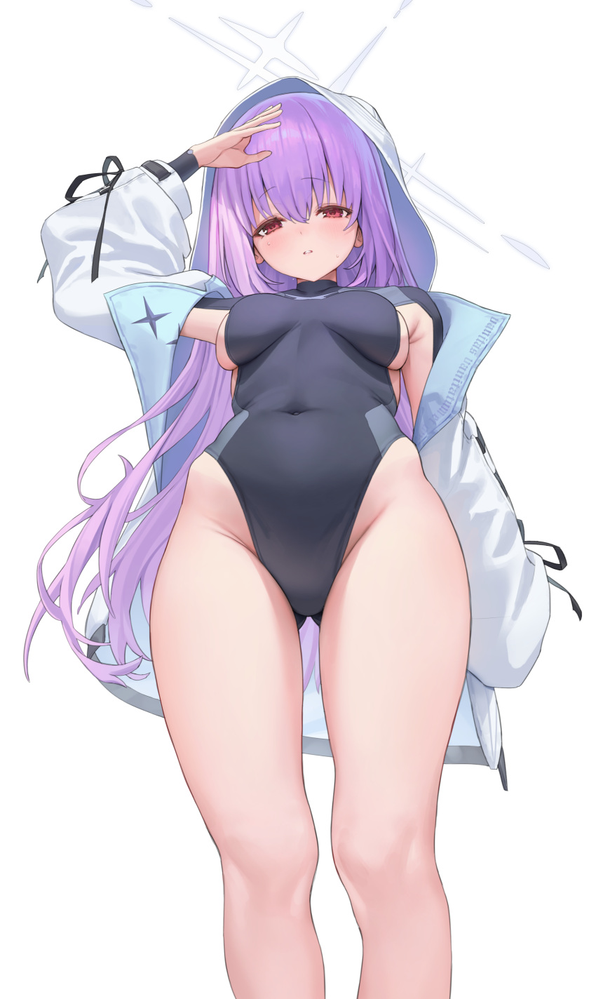 1girl absurdres atsuko_(blue_archive) black_leotard blue_archive blush breasts covered_navel from_below halo highres hood hooded_jacket jacket leotard long_hair long_sleeves looking_at_viewer medium_breasts open_clothes open_jacket p00nipooni parted_lips purple_hair simple_background solo standing thighs white_background white_halo white_jacket