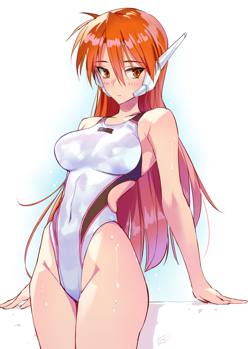 1girl android breasts commentary_request commission competition_swimsuit covered_navel cowboy_shot highres long_hair matsuda_(matsukichi) medium_breasts one-piece_swimsuit orange_eyes orange_hair pixiv_commission robot_ears serio_(to_heart) simple_background solo swimsuit to_heart tsurime wet wet_clothes wet_swimsuit white_background white_one-piece_swimsuit