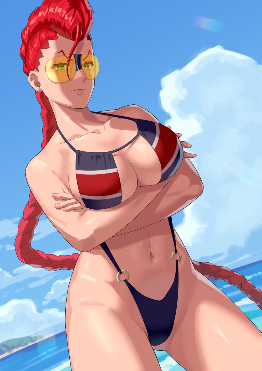 1girl crimson_viper glasses highres looking_at_viewer ocean ponytail red_hair street_fighter street_fighter_iv_(series) swimsuit yagi2013