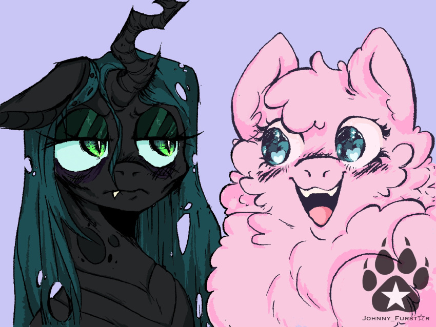 2023 4:3 annoyed arthropod black_body black_skin blue_eyes blush changeling digital_media_(artwork) duo earth_pony equid equine eyelashes eyeshadow fan_character fangs female feral fluffle_puff fluffy friendship_is_magic fur green_eyes green_eyeshadow green_hair hair half-closed_eyes hasbro hi_res horn horse johnny_furstar makeup mammal my_little_pony narrowed_eyes pink_body pink_fur pony pupils purple_background queen_chrysalis_(mlp) simple_background slit_pupils smile teeth wide_eyed