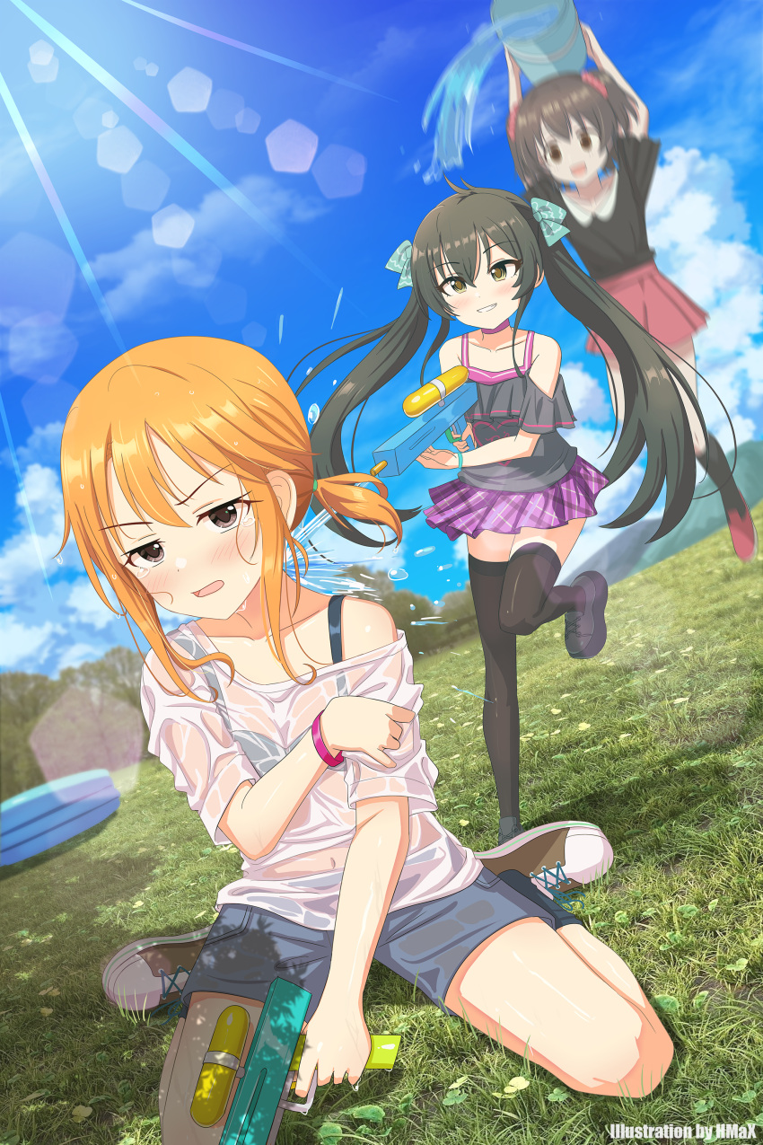 3girls absurdres akagi_miria basket black_bra black_hair black_thighhighs blush bra bra_visible_through_clothes collarbone grass grin highres hmax holding holding_basket holding_water_gun idolmaster idolmaster_cinderella_girls lens_flare looking_at_another looking_at_viewer matoba_risa motion_blur multiple_girls navel off-shoulder_shirt off_shoulder orange_hair outdoors photo_background plaid plaid_skirt purple_skirt shirt side_ponytail sitting skirt smile tears thighhighs twintails underwear wariza water_gun wet wet_clothes wet_shirt when_you_see_it white_shirt yuuki_haru