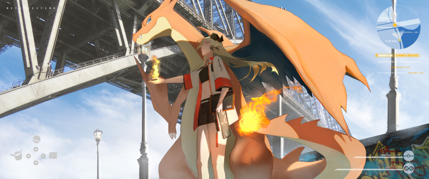 1girl absurdres arknights black_shirt black_skirt bracelet breasts bridge brown_hair character_name charizard chinese_commentary clipboard closed_mouth cloud crop_top crossover day english_text feet_out_of_frame fire flame flame-tipped_tail floating_hair graffiti heads-up_display health_bar highres holding holding_clipboard horns ifrit_(arknights) jacket jewelry lamppost long_hair midriff minimap miniskirt navel oka_ball open_clothes open_jacket orange_eyes outdoors outstretched_arm pokemon pokemon_(creature) shirt skirt small_breasts smile standing white_jacket