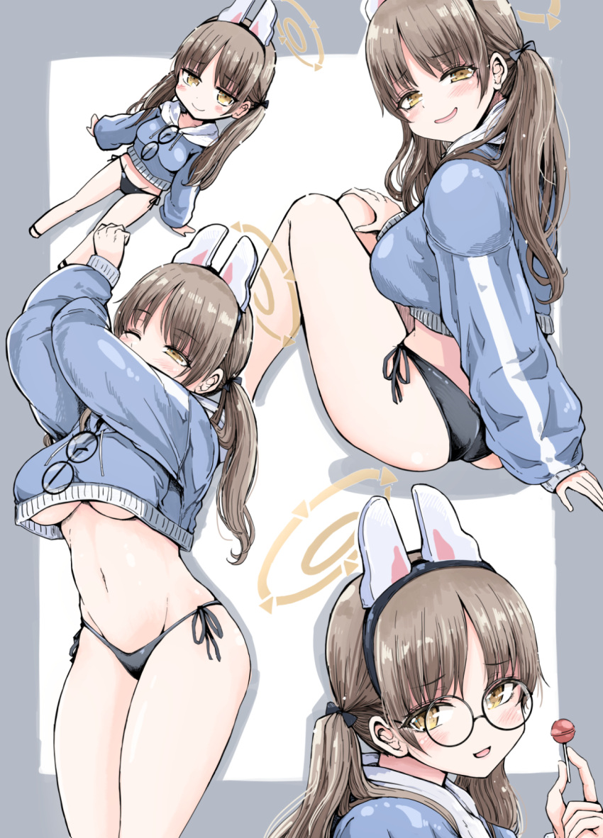 1girl animal_ears bikini black_bikini blue_archive blue_hoodie breasts brown_hair candy cropped_hoodie eyewear_hang eyewear_removed fake_animal_ears food glasses halo haruyukiko highres holding holding_candy holding_food holding_lollipop hood hoodie large_breasts lollipop long_hair long_sleeves moe_(blue_archive) moe_(swimsuit)_(blue_archive) multiple_views rabbit_ears round_eyewear side-tie_bikini_bottom swimsuit twintails underboob yellow_eyes