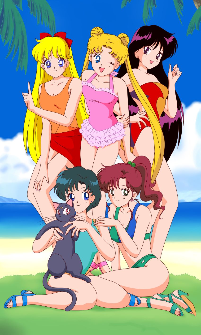 absurdres aino_minako beach bishoujo_senshi_sailor_moon blonde_hair blue_hair blue_sky bow breasts brown_hair cat earrings feet friends green_eyes happy highres hino_rei jewelry kino_makoto luna_(sailor_moon) mizuno_ami multiple_girls official_art red_bow sand short_hair sky smile swimsuit tsukino_usagi water