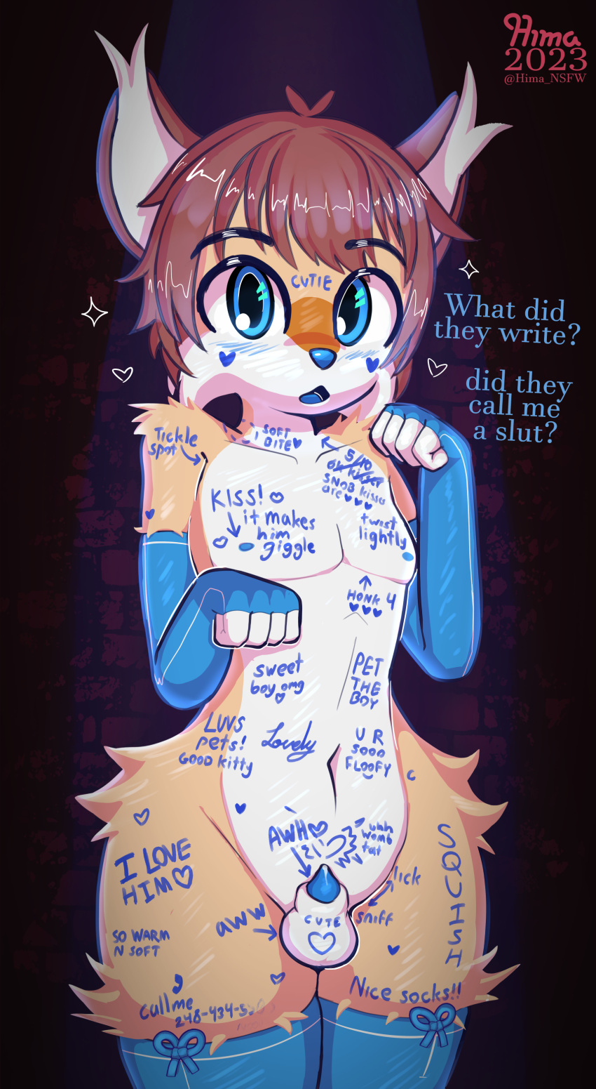 absurd_res ande_(hima_nsfw) animal_genitalia anthro arm_warmers armwear big_eyes blue_arm_warmers blue_clothing blue_eyes blue_footwear blue_nose blue_penis blue_socks blush body_writing bow_accessory brown_hair canid canine clothing dialogue ear_tuft felid feline fluffy footwear fox fur genitals hair hi_res hima_nsfw hybrid invalid_tag legwear lynx male mammal marker open_mouth orange_body orange_fur paw_pose penis pose sheath skindentation socks solo tan_body tan_fur thigh_highs tuft white_body white_fur