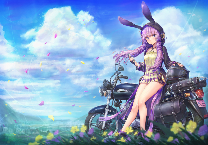 1girl absurdres black_jacket blush closed_mouth criss-cross_halter dress halter_dress halterneck highres jacket lukky_clover motor_vehicle motorcycle open_clothes open_jacket purple_eyes purple_hair short_hair_with_long_locks sidelocks smile solo vocaloid voiceroid yellow_dress yuzuki_yukari yuzuki_yukari_(lin)