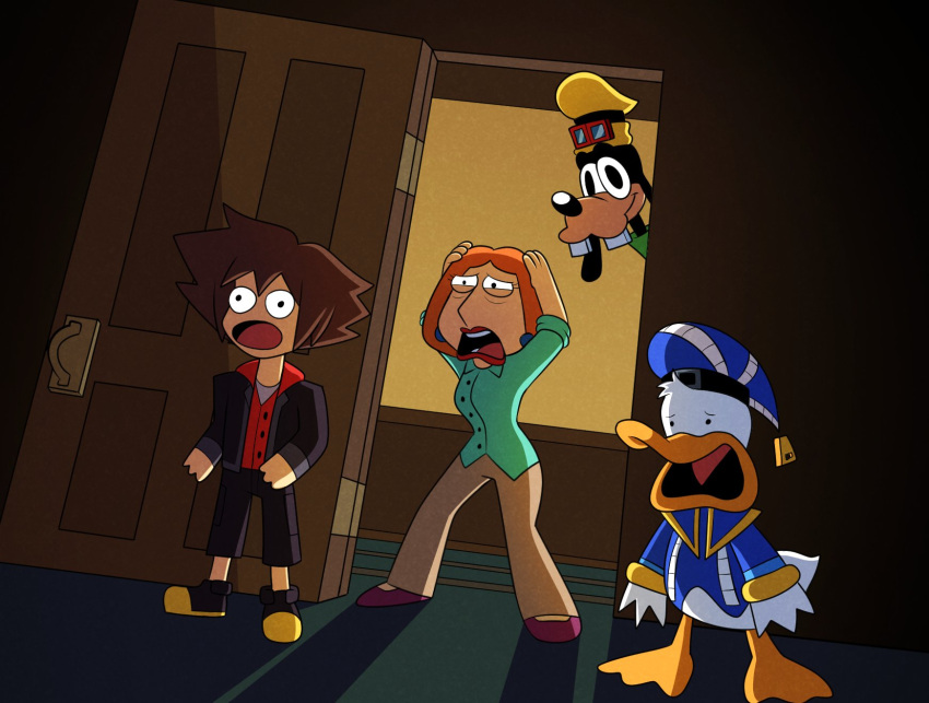 2023 anatid anseriform anthro avian bird canid canine clothing crossover disney donald_duck duck family_guy female footwear galaxy_cowboy goofy_(disney) group hi_res human kingdom_hearts lois_griffin male mammal open_mouth shocked_expression sora_(kingdom_hearts) square_enix walk-in