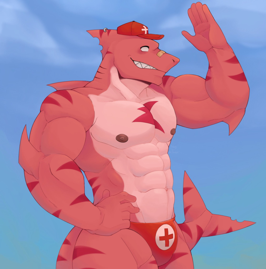 2023 abs anthro band-aid bandage clothing fin fin_piercing fish furgonomics furry-specific_piercing grin hand_on_hip hat headgear headwear hi_res lifeguard lifeguard_swimsuit male marine mr_sharky muscular muscular_anthro muscular_male nipples no_pupils pecs piercing pink_body pink_scales portrait pose raised_arm scales shark sky smile solo speedo striped_body stripes swimwear three-quarter_portrait three-quarter_view