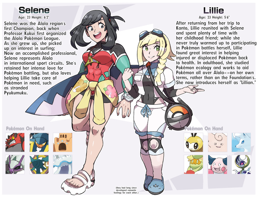 2girls abs aged_up alternate_muscle_size black_hair blonde_hair bodysuit braid diving_suit english_text full_body goggles goggles_on_head green_eyes highres juno_son lillie_(pokemon) multiple_girls muscular muscular_female pokemon pokemon_(game) pokemon_sm reference_sheet selene_(pokemon) single_braid surfboard wetsuit z-ring