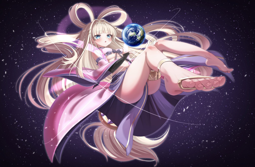 1girl anklet barefoot blonde_hair blunt_bangs bow breasts bridal_gauntlets character_request copyright_request detached_sleeves earth_(planet) elbow_gloves feet floating_hair foreshortening full_body gloves gold_trim hair_rings hairband highres jewelry knees_together_feet_apart large_breasts legs long_hair matagi_14 nail_polish no_shoes pink_skirt planet purple_bow purple_skirt skirt solo space starry_background thighs toenail_polish toenails toes two-tone_skirt underboob very_long_hair wide_sleeves