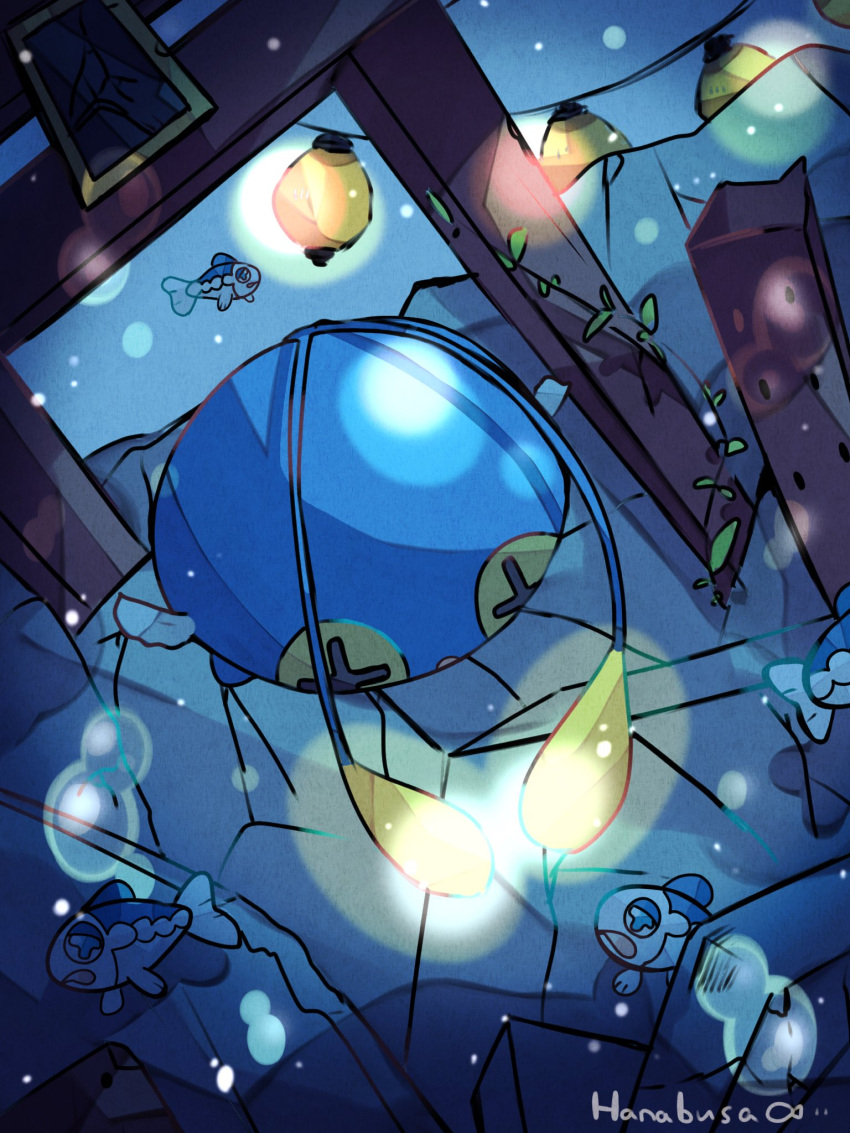 :o animal_focus antennae bioluminescence blue_skin bubble chinchou colored_skin commentary_request cross-shaped_pupils fish glowing hanabusaoekaki highres leaf no_humans pokemon pokemon_(creature) symbol-shaped_pupils underwater wishiwashi