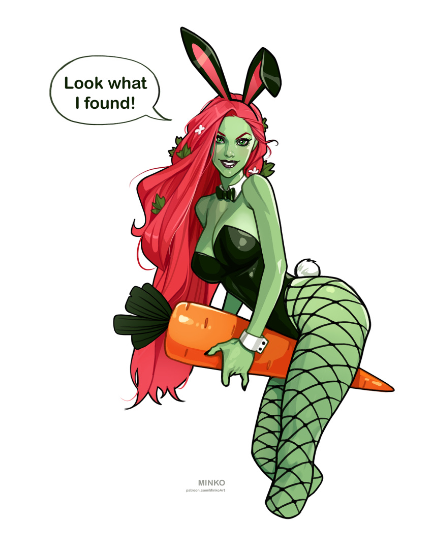 1girl alternate_costume animal_ears artist_name black_bow black_bowtie black_leotard bow bowtie carrot colored_skin dc_comics detached_collar english_text fishnet_pantyhose fishnets green_eyes green_skin highres holding holding_carrot leotard long_hair looking_at_viewer olena_minko pantyhose patreon_username playboy_bunny poison_ivy rabbit_ears rabbit_tail red_hair simple_background solo speech_bubble tail web_address white_background